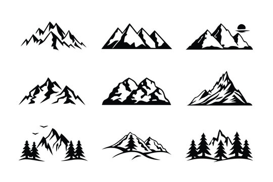 
Mountain icons set silhouette. Hike, travel illustration sign collection. Vector illustration.