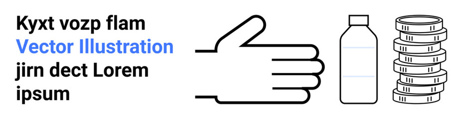 Outlined hand facing bottle and coins. Represents themes of giving, donation, trade, business, finance, sustainability, and commerce. Ideal for financial concepts eco projects simple landing page