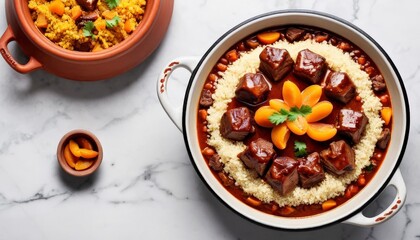 Overhead Shot Of Tagine Dish With Couscous On Marble Surface