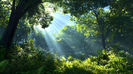 Obraz premium Sunlight Filtering Through Lush Forest Trees
