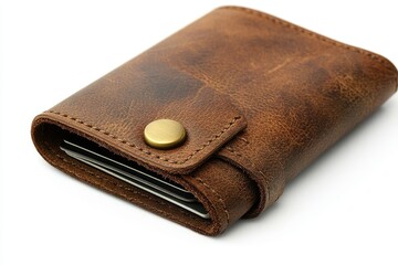 Crafted elegance shines through a rustic leather wallet showcasing its worn texture against a minimalist backdrop