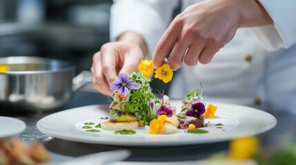 Elegant edible flower garnish being added to gourmet appetizers by professional chef