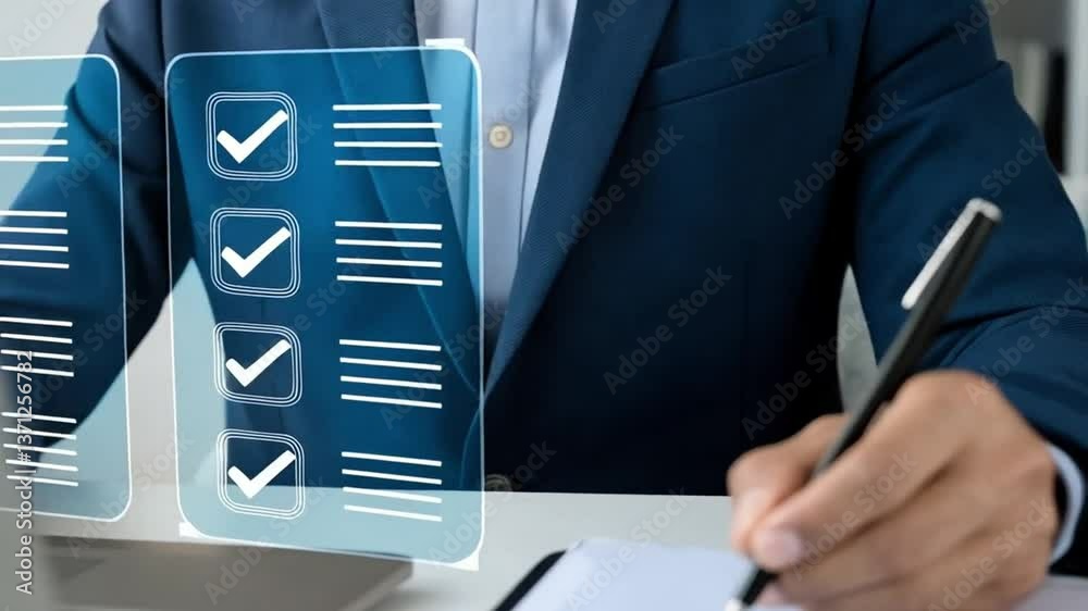 Aufkleber man in suit working on laptop with checklist interface and writing on paper with pen on desk top