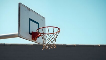 Worn basketball hoop against a clear blue sky with clouds. Outdoor sports concept	