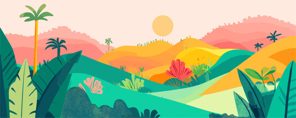 Colorful tropical landscape with hills and sun in flat design, vector art