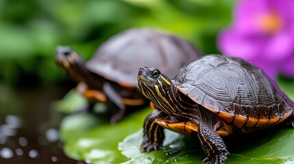 Fototapeta premium Two turtles are resting on a lily pad in a pond with purple flower bokeh. - high quality Two turtles are resting on a lily pad in a pond with purple f