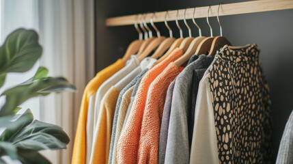 Obraz premium A variety of clothes hanging in a wardrobe, demonstrating a decluttering process with intent to sell.