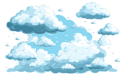 Cartoon styled fluffy clouds in blue sky on white background, vector