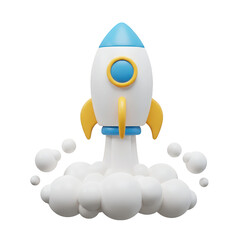 A 3D illustration of a small space rocket launching upwards isolated on transparent background