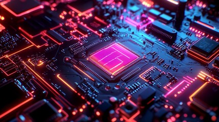 Fototapeta premium Neon Circuit Board: Abstract Digital Illustration of Glowing Components and Light.