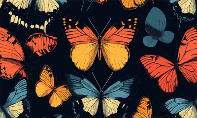 Colorful butterfly pattern with vibrant wings on dark background - vector