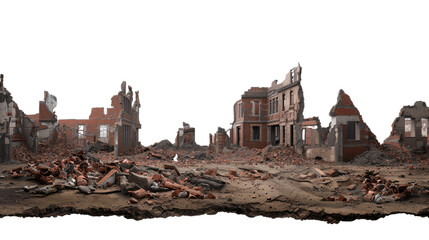 Devastation and Demise: An ominous scene of a war-torn urban landscape, buildings reduced to rubble, with visible bricks, debris, symbolizing conflict's aftermath.