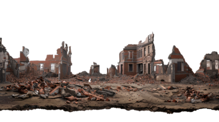 Devastation and Demise: An ominous scene of a war-torn urban landscape, buildings reduced to rubble, with visible bricks, debris, symbolizing conflict's aftermath.