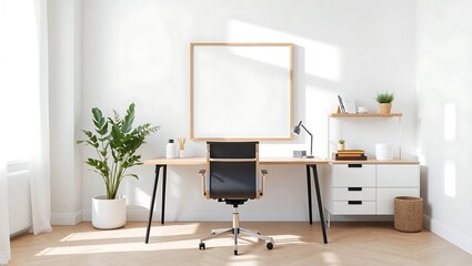 Bright home office setup with desk chair plant and blank frame against a white wall in sunlight