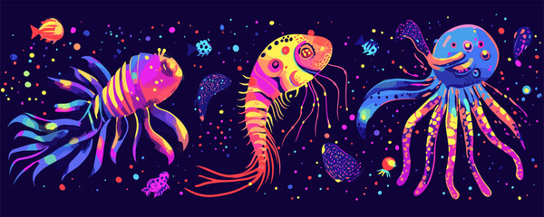 Colorful underwater creatures with fantastical details on deep blue background, vector
