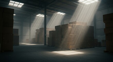 Sunlight Illuminates a Warehouse Filled with Cardboard Boxes