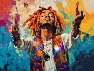 Fototapeta premium Joyful Man with Dreadlocks Urban Style Celebrating with Raised Hands