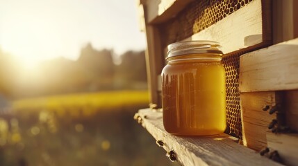 Golden Honey Jar at Sunset Near Beehive