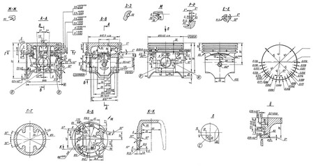 Obraz premium Piston of connecting rod of motorcycle, car engine. Engineering mechanical drawing. Technical machine computer cad scheme. Technology mechanic design with dimension line on white paper sheet. 