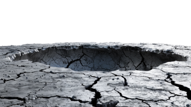 Crater's Depths: A stark and dramatic view of a gaping crater, the cracked earth revealing the raw power of nature, offering a sense of mystery and impending change.