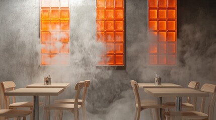 Smoky cafe interior, tables and chairs, orange glass blocks, atmospheric lighting, restaurant design