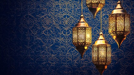 Elegant Ramadan Lanterns Against a Deep Blue and Gold Patterned Backdrop