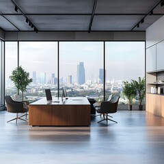 Modern office interior with contemporary furniture and large windows overlooking an urban landscape. 3D Rendering,

