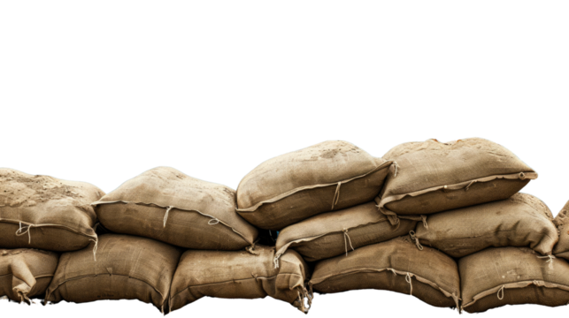 Fortification of Resilience: a row of weathered sandbags arranged in a defensive barrier, symbolizing protection, preparation, and strength.