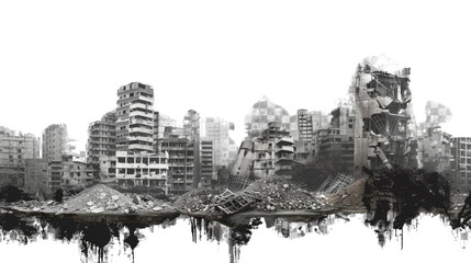 Fototapeta premium Urban Ruins: A stark depiction of a cityscape in ruins, with buildings crumbling and the remnants of civilization scattered amidst the desolation. A scene of devastation and resilience.