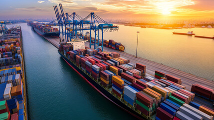 International business logistics transportation teamwork concept, double exposure of handshake partnership import export delivery background and modern futuristic of container cargo freight ship truck