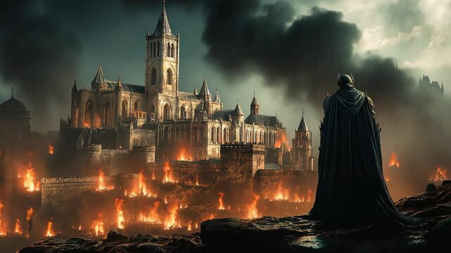 Hooded Wanderer Watching Castle in Flames