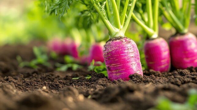 Vibrant pink radishes growing in rich soil, healthy garden