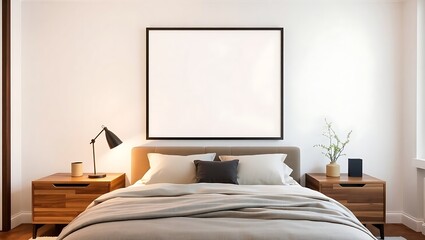 A bedroom with a bed, two nightstands, a lamp, a picture frame, and a vase with some flowers on it