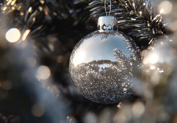 Silver Christmas Ornament Hanging on Black Tinsel Background