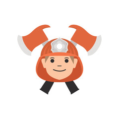 Vector illustration of a smiling firefighter wearing a helmet with crossed axes behind, isolated on white background