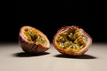 Two halves of a fresh passion fruit on a neutral surface with a dark background. The juicy yellow...