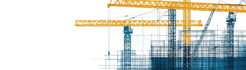 Cityscape construction cranes, building framework, blueprint background.  Website banner