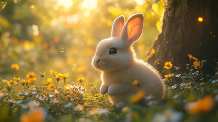 A white rabbit is sitting in the forest, surrounded by flowers and grass under an old tree