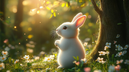 A white rabbit is sitting in the forest, surrounded by flowers and grass under an old tree