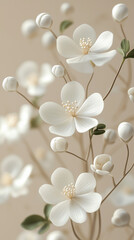 A bunch of white flowers, delicate and small with green leaves at the ends, arranged in an elegant display on a soft beige background