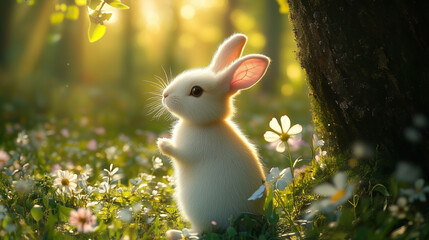 A white rabbit is sitting in the forest, surrounded by flowers and grass under an old tree