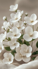 A bunch of white flowers, delicate and small with green leaves at the ends, arranged in an elegant display on a soft beige background