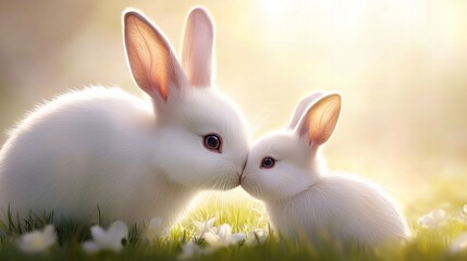 Obraz premium Two white rabbits are touching noses in a sunlit meadow with grass and small flowers.