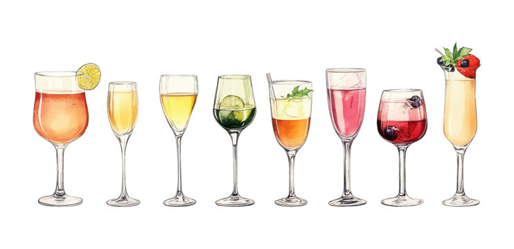 A series of glasses with assorted drinks, ideal for a beverage theme.