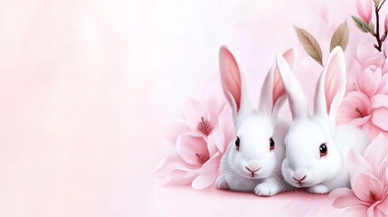 Obraz premium Two white rabbits rest amongst pink magnolia blossoms on a soft, dreamy pastel background!