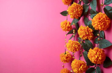 Indian floral garland toran of marigold flowers, mango leaves on pink background. Hindu festive decoration for Diwali festival, wedding, banner, poster, template, invitation card. Copy space