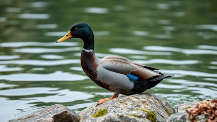Male mallard duck standing on a rock by the calm water in a serene natural setting during the day