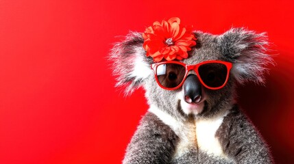 Koala with Red Flower and Sunglasses on Bright Red Background