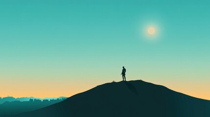 Silhouette of a person standing on a hilltop at sunset overlooking a distant city skyline