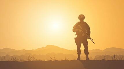 Fototapeta premium Silhouette of a Soldier at Sunset Military Adventure and Landscape Photography